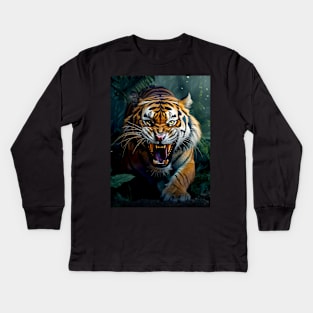 Growling Tiger coming out of the Dark Jungle Kids Long Sleeve T-Shirt